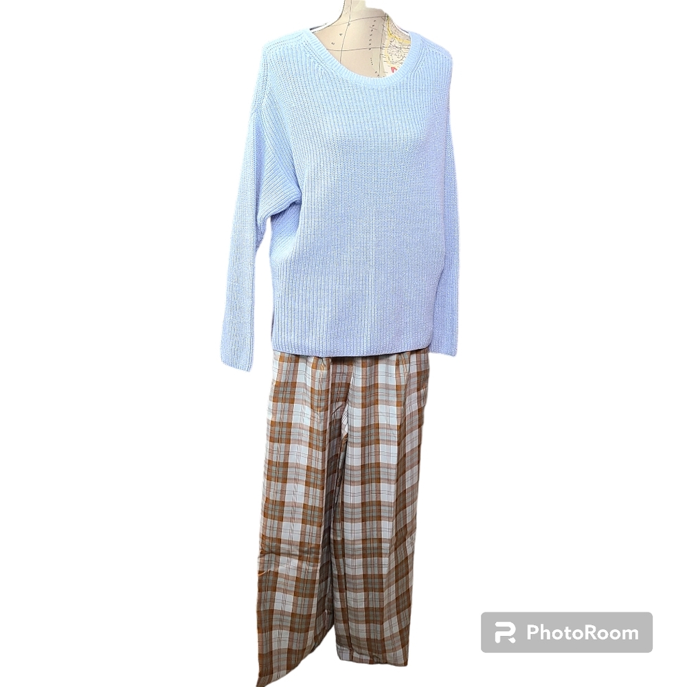 NWT Listicle Size Small Sky Blue Brown Plaid Pleated Wide Leg Trouser Pants - Picture 15 of 16